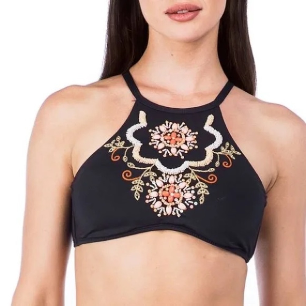 NWT Kenneth Cole Reaction Bikini Top Black Pink Coral Beaded Embellished Size XL